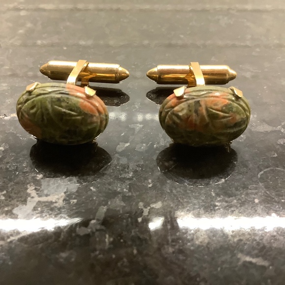 14K Gold Overlay Unikite Cuff Links Vintage w/Original Storage Box - Picture 1 of 8